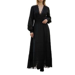 Derhy Dress Womens Size M Long Sleeves Black Lace Trim Maxi Linen and Cotton